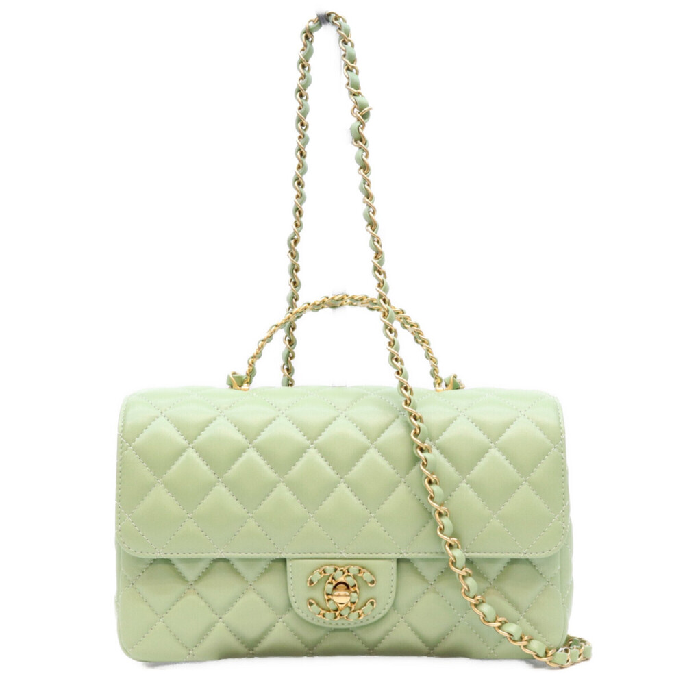 CHANEL Chanel Mint Green Lambskin Gold Hardware Chain Top Handle Matelassé 23...